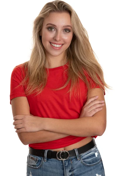 Portrait Cute Teenage Girl Red Tshirt White — Stock Photo, Image