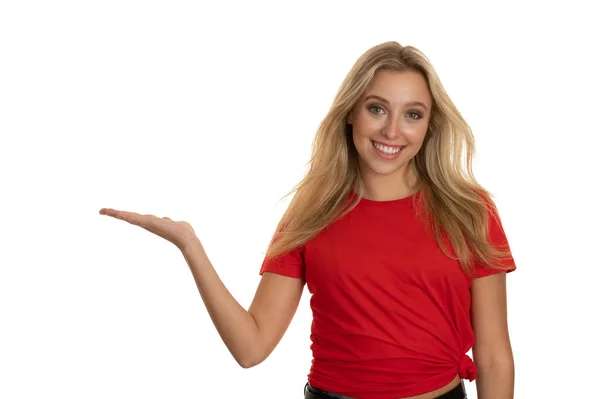 Hermosa Mujer Joven Punto Camiseta Roja Espacio Copia — Foto de Stock