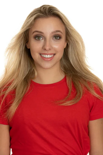 Retrato Una Linda Adolescente Camiseta Roja Sobre Blanco — Foto de Stock