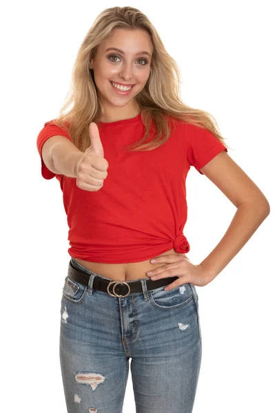 Beautiful Young Woman Shows Thumb Gesture Success — Stock Photo, Image