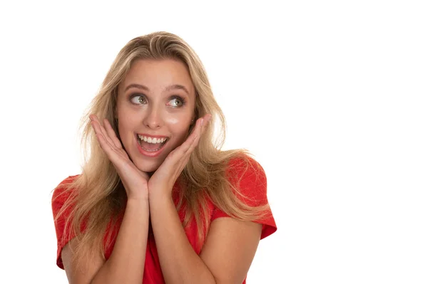 Excited Young Woma Screams Isolated Whitew Background — Stock Photo, Image