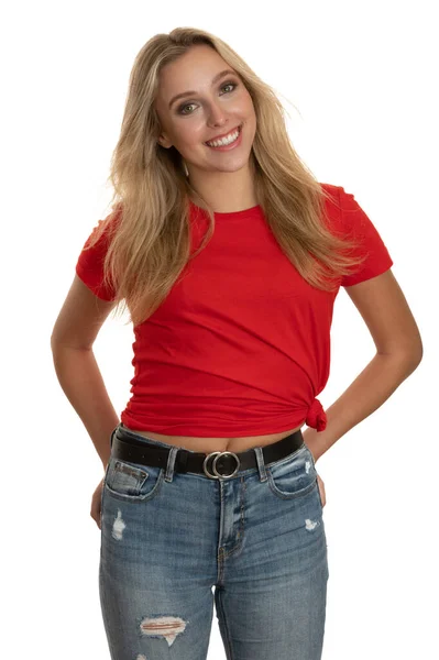 Retrato Una Linda Adolescente Camiseta Roja Sobre Blanco — Foto de Stock