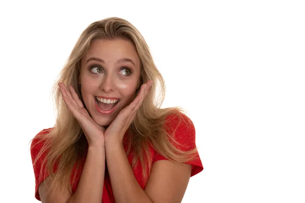 Excited Young Woma Screams Isolated Whitew Background — Stock Photo, Image