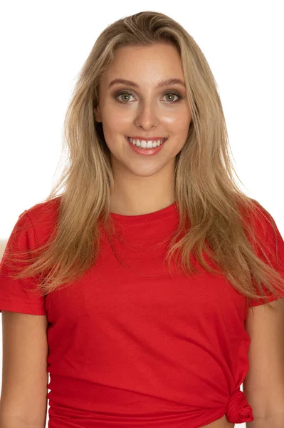 Retrato Uma Menina Adolescente Bonito Tshirt Vermelha Sobre Branco — Fotografia de Stock