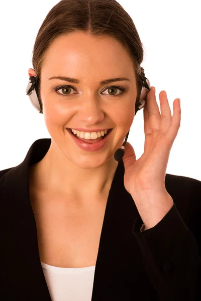 Preety happy asian caucasian business woman with headset — Stock Photo, Image