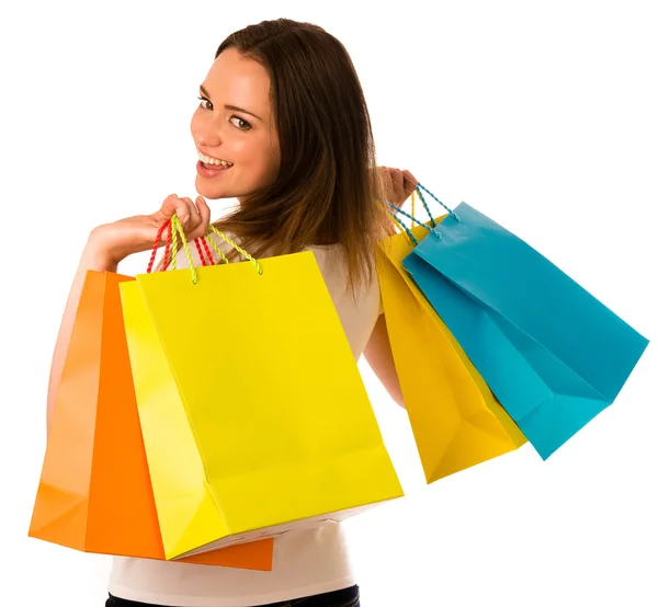 Mujer joven Preety con coloridas bolsas de compras aisladas sobre whi —  Fotos de Stock