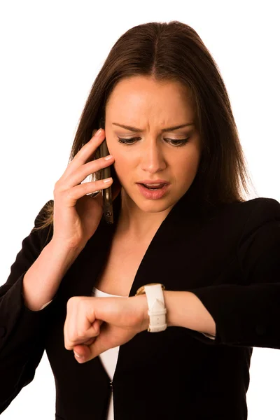 Preety Aziatische Kaukasische vrouw ziet er horloge gebaar te laat — Stockfoto