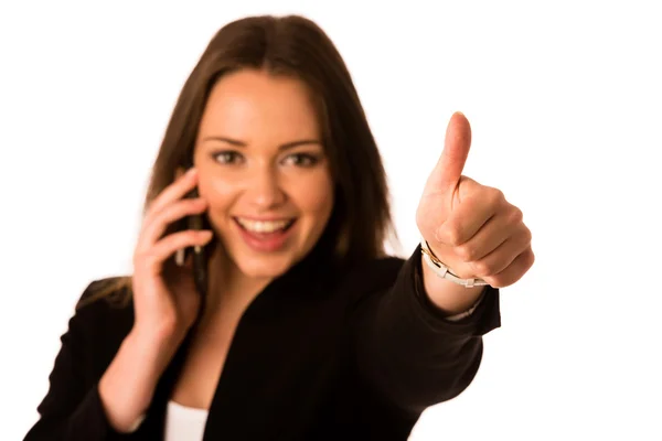 Preety asian caucasian business woman gesturing success showing — Stock Photo, Image