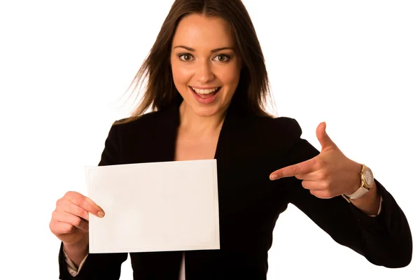 Preety assian caucasian woman holding a white card — Stock Photo, Image