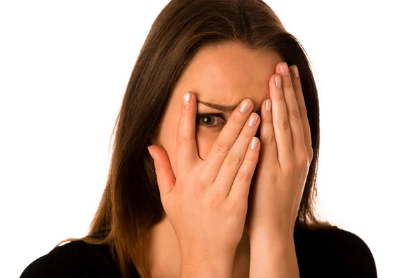 Frightened woman - preety girl gesturing fear — Stock Photo, Image