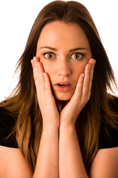 Mujer asustada - chica de la preedad haciendo gestos de miedo — Foto de Stock