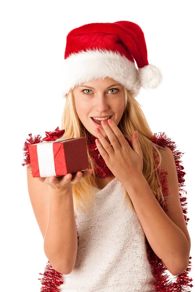 Mulher loira jovem atraente em vestido de Papai Noel - christmass — Fotografia de Stock