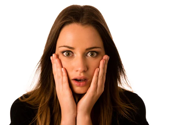 Frightened woman - preety girl gesturing fear — Stock Photo, Image