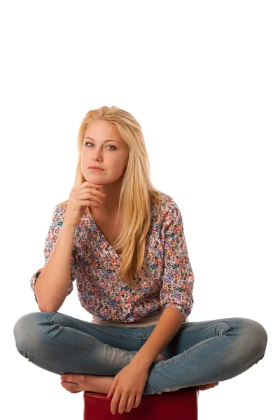 Conceptual photos of woman dressed in casual dress relaksing wit — Stock Photo, Image