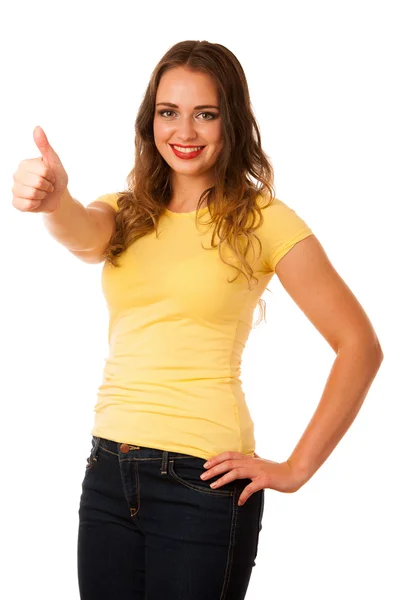 Attractive young asian caucasian woman gesture success with hold — Stock Photo, Image