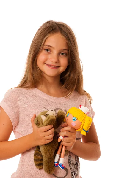 Girl with toys isolated ovwer white background — Stock Photo, Image