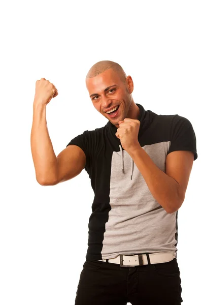 Successful young man rise arms as a sign of success isolated ove — Stock Photo, Image