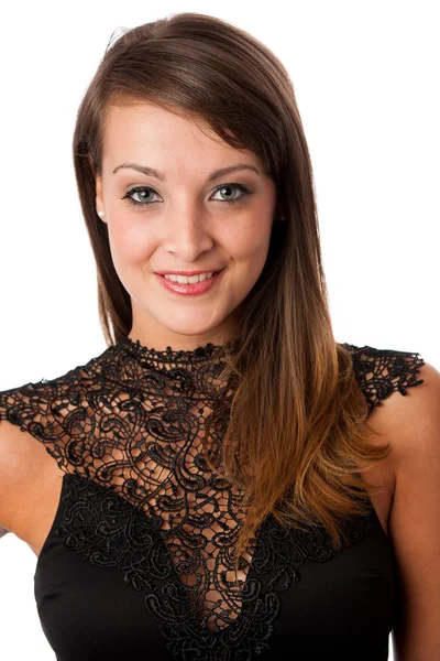 A stylish young brunette woman in black dress in little black dr — Stock Photo, Image