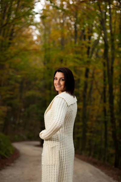 Beautiful young cheerful  caucasian woman with dark brown hair w — Stock Photo, Image