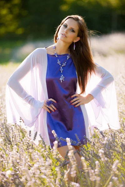 美しい若い女性のラベンダーのフィールド - lavanda ガール — ストック写真
