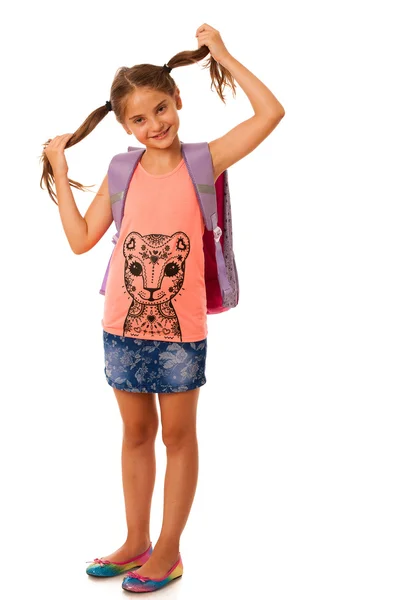 Young school girl with schoolbag isolated over white background — Stock Photo, Image