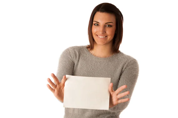 Beautiful young excited successful woman with short brown hair p — Stock Photo, Image