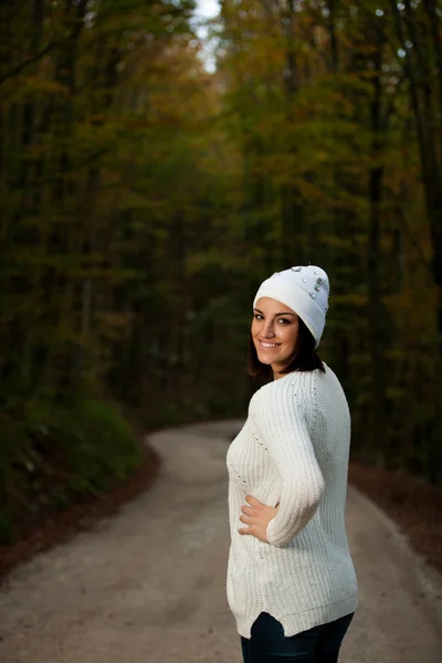 Beautiful young cheerful  caucasian woman with dark brown hair w — Stock Photo, Image