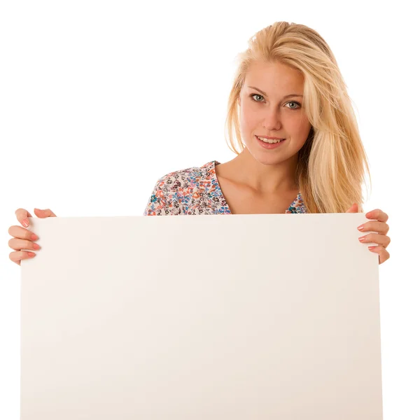 Nde woman holding a blank white board in her hands for promotion — Stock Photo, Image