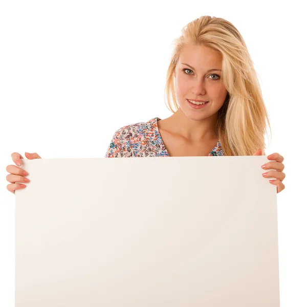 Nde woman holding a blank white board in her hands for promotion Stock Image