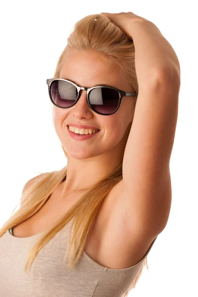 Attractive young woman with sunglasses studio isolated over whit — Stock Photo, Image