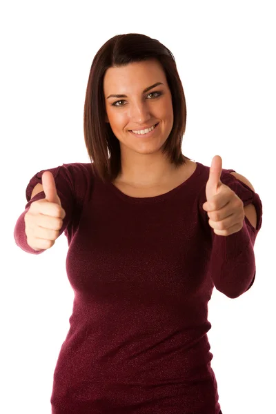 Beautiful young woman with brown hair dressed casual showing thu — Stock Photo, Image