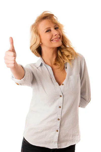 Mujer gesto éxito con su mano mostrando ok signo pulgar hacia arriba i —  Fotos de Stock