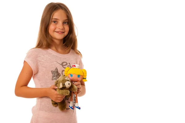 女孩与玩具孤立的 ovwer 白色背景 — 图库照片