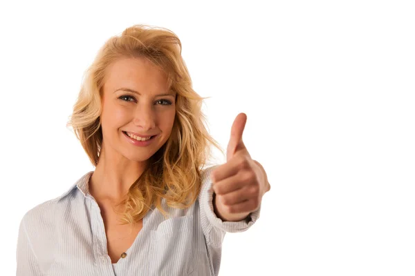 Woman gesturing success with her hand showing ok sign thumb up i — Stock Photo, Image