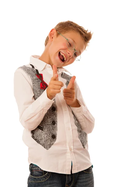 Young caucasian boy gesturing ok sign  isolated over white backg — Stock Photo, Image