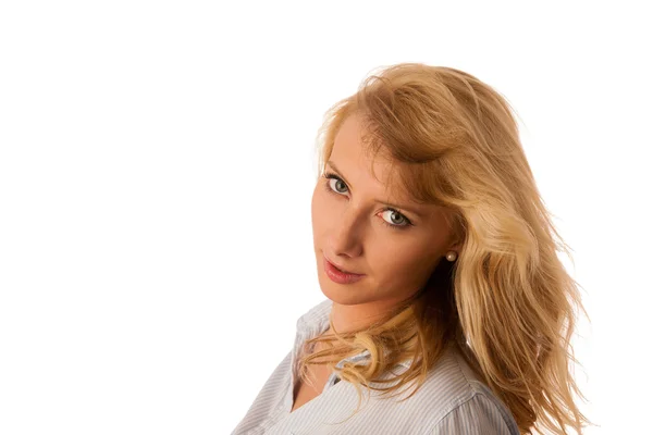 Portret van mooie jonge blonde, vrouw geïsoleerd over witte ba — Stockfoto