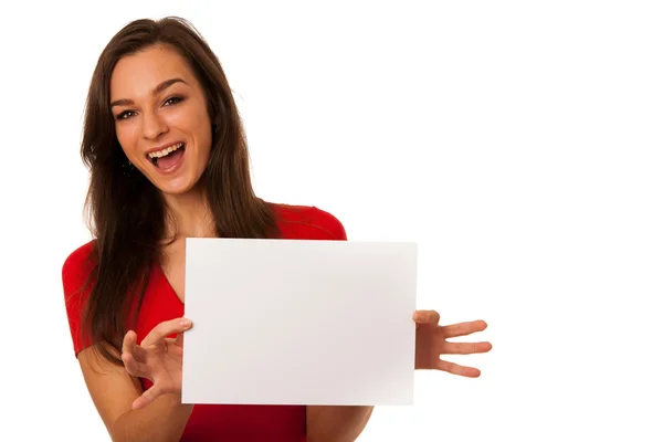 Beautiful young business woman showing a blank card isolated ove — Stock Photo, Image
