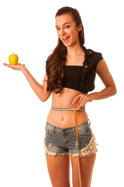 Apple ve ölçüm bandı ile sağlıklı kadın bedeni. Sağlıklı fitne — Stok fotoğraf