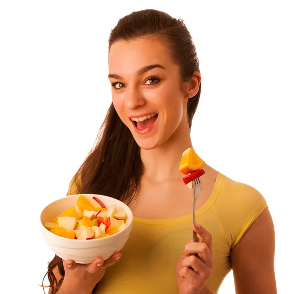 Güzel mutlu Asya Kafkas kadın f yeme sarı t shirt — Stok fotoğraf