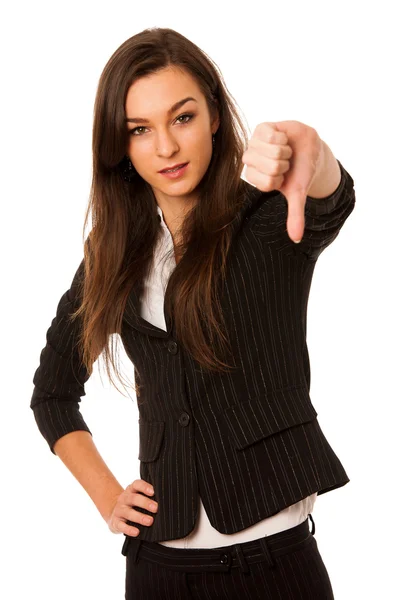 Mujer de negocios enojado mostrando pulgar hacia abajo aislado sobre la espalda blanca — Foto de Stock