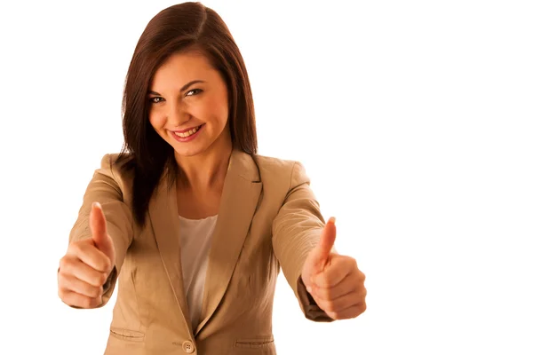 Framgångsrik ung affärskvinna visar tummen som en gest f — Stockfoto