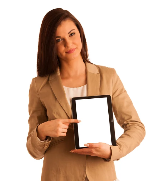 Mulher de negócios segurando um computador tablet - isolado sobre um branco — Fotografia de Stock