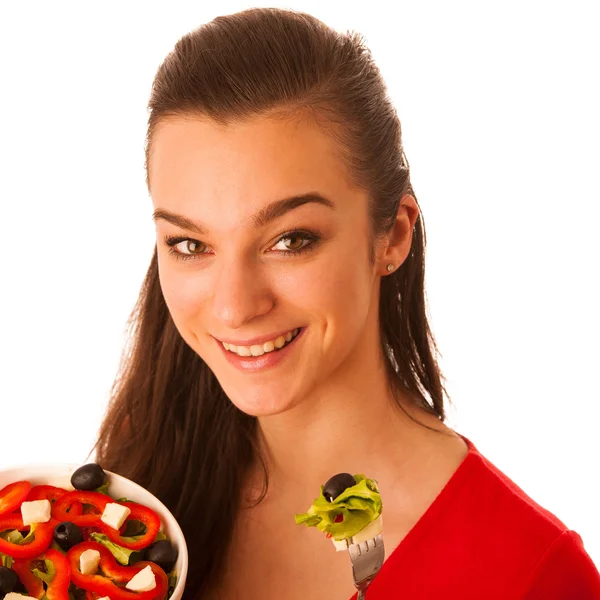 Hermosa mujer caucásica asiática con un tazón blanco de ensalada mixta — Foto de Stock