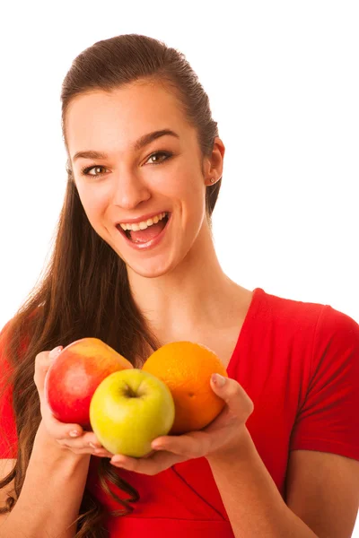 Bella felice donna caucasica asiatica in t shirt rossa con app — Foto Stock