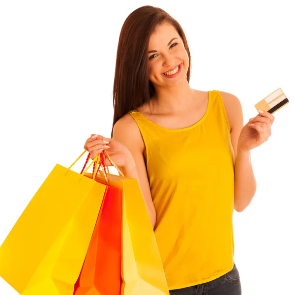 Portrait of young happy smiling woman with shopping bags, isolat — Stock Photo, Image