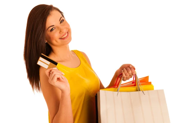Portré fiatal boldog mosolygó nő, bevásárló táskák, isolat — Stock Fotó