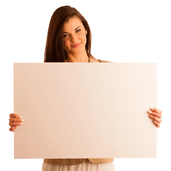 Smile young woman portrait with blank white banner, board on whi Stock Picture