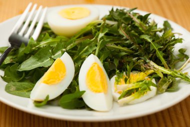 Fresh spring green  dandelion salad with eggs on a plate closeup clipart