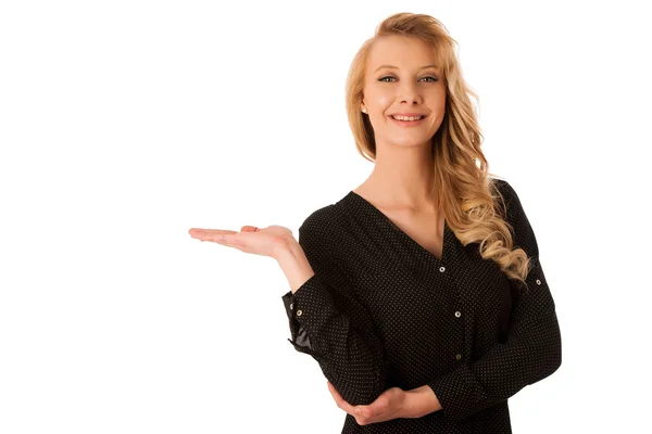 Pretty pensive caucasian blonde business woman looking into copy — Stock Photo, Image