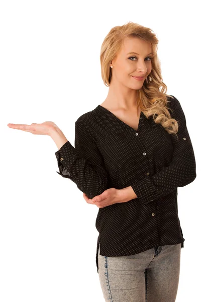 Pretty pensive caucasian blonde business woman looking into copy — Stock Photo, Image